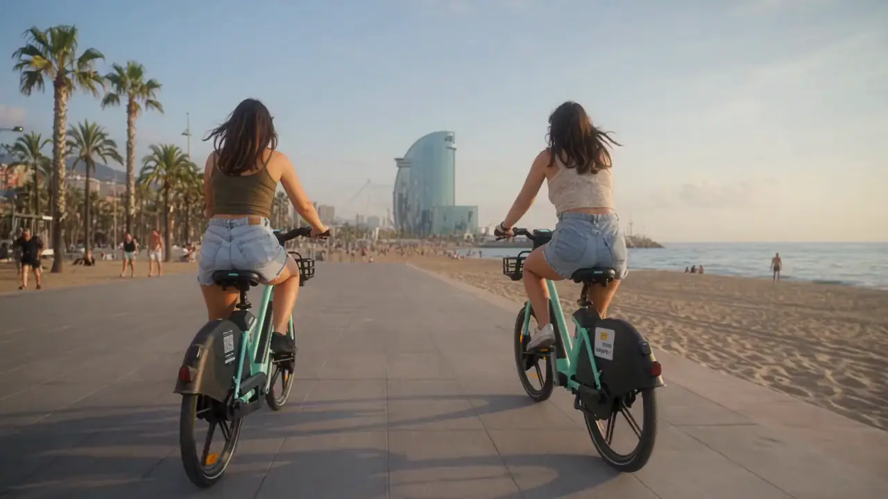 Una pareja pasea en bicis eléctricas Cityflow por el paseo marítimo de la Barceloneta, con el hotel W al fondo