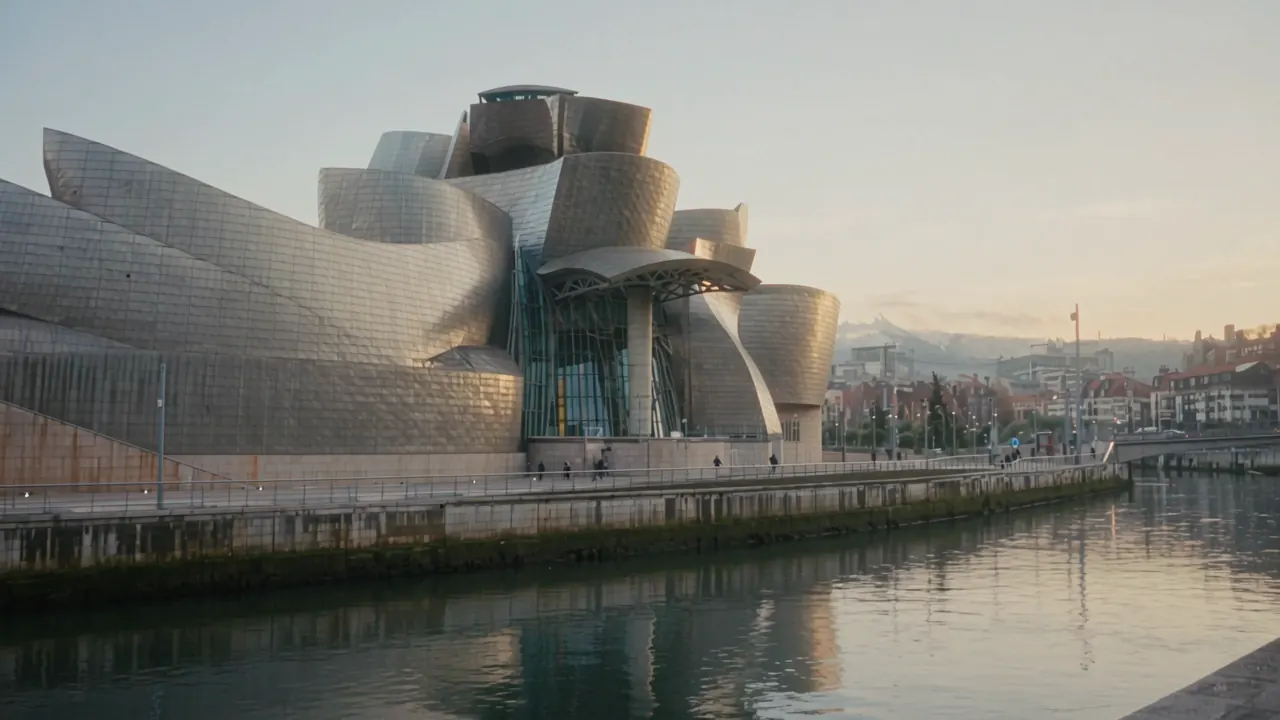 Un ciclista en bici eléctrica Cityflow negra pasa junto al museo Guggenheim de Bilbao
