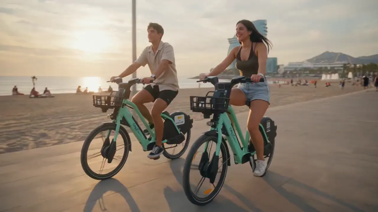 Bicis eléctricas Cityflow en lugares conocidos de las provincias donde opera: la Barceloneta, el Retiro, la Ciudad de las Artes, la plaza de España de Sevilla, la catedral de Palma y el Guggenheim, entre otras