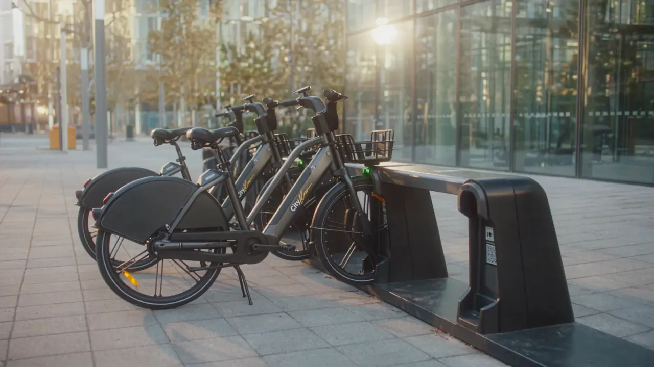 Un empleado deja una bici eléctrica Cityflow en la estación de carga de la oficina y entra a trabajar