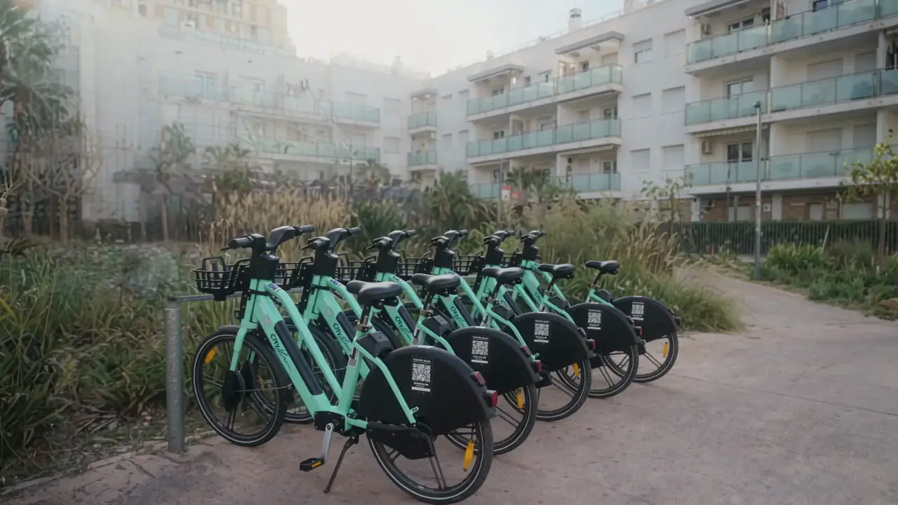 Un residente coge una bici eléctrica Cityflow de la fila junto a la piscina de un edificio de flex living