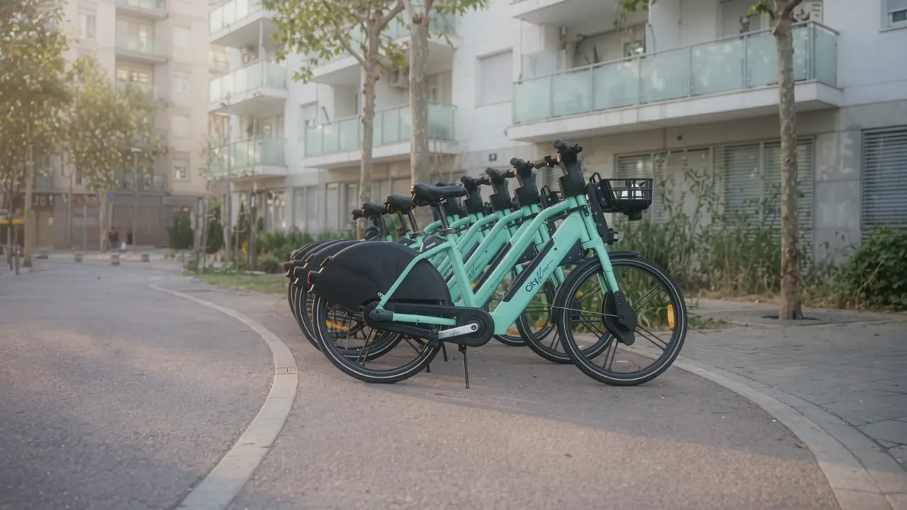 Una residente vuelve de la compra en bici eléctrica Cityflow y entra en su edificio de flex living