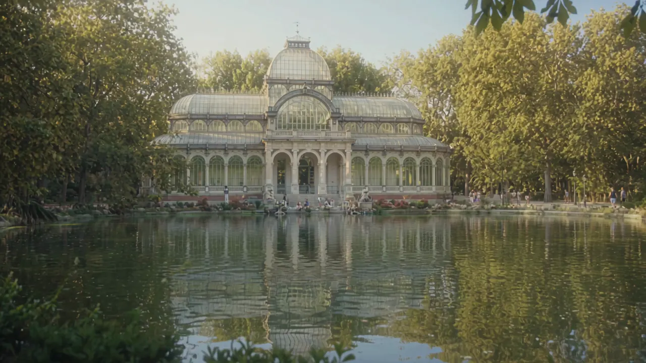 El Palacio de Cristal del Retiro reflejado en el estanque y dos amigos en bicis eléctricas Cityflow