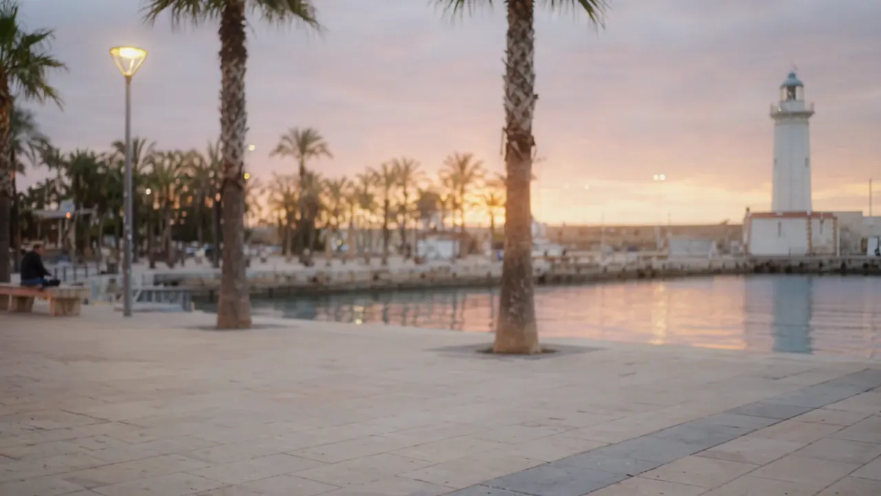 Al atardecer, dos personas pasean en bicis eléctricas Cityflow por el paseo del puerto de Málaga, junto a La Farola