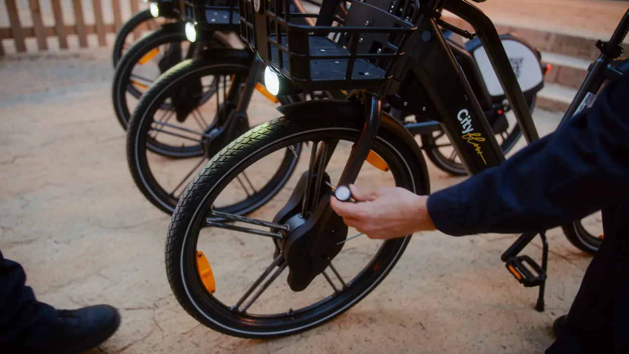 Un técnico de Cityflow revisa los frenos y la rueda de una bici eléctrica y la limpia