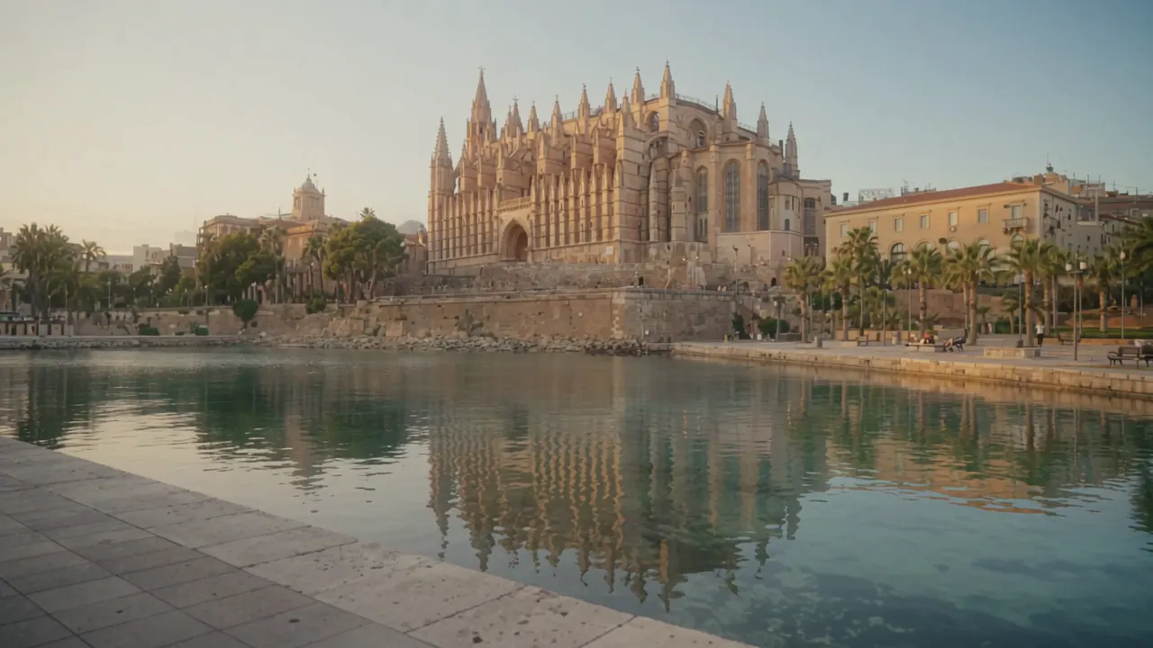 La catedral de Palma reflejada en el lago del Parc de la Mar y una pareja en bicis eléctricas Cityflow