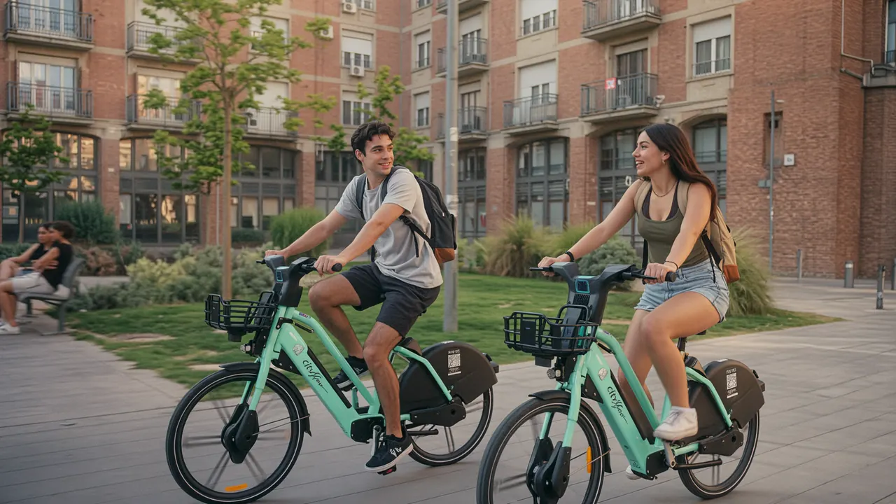 Dos estudiantes pasean en bicis eléctricas Cityflow por el patio de su residencia