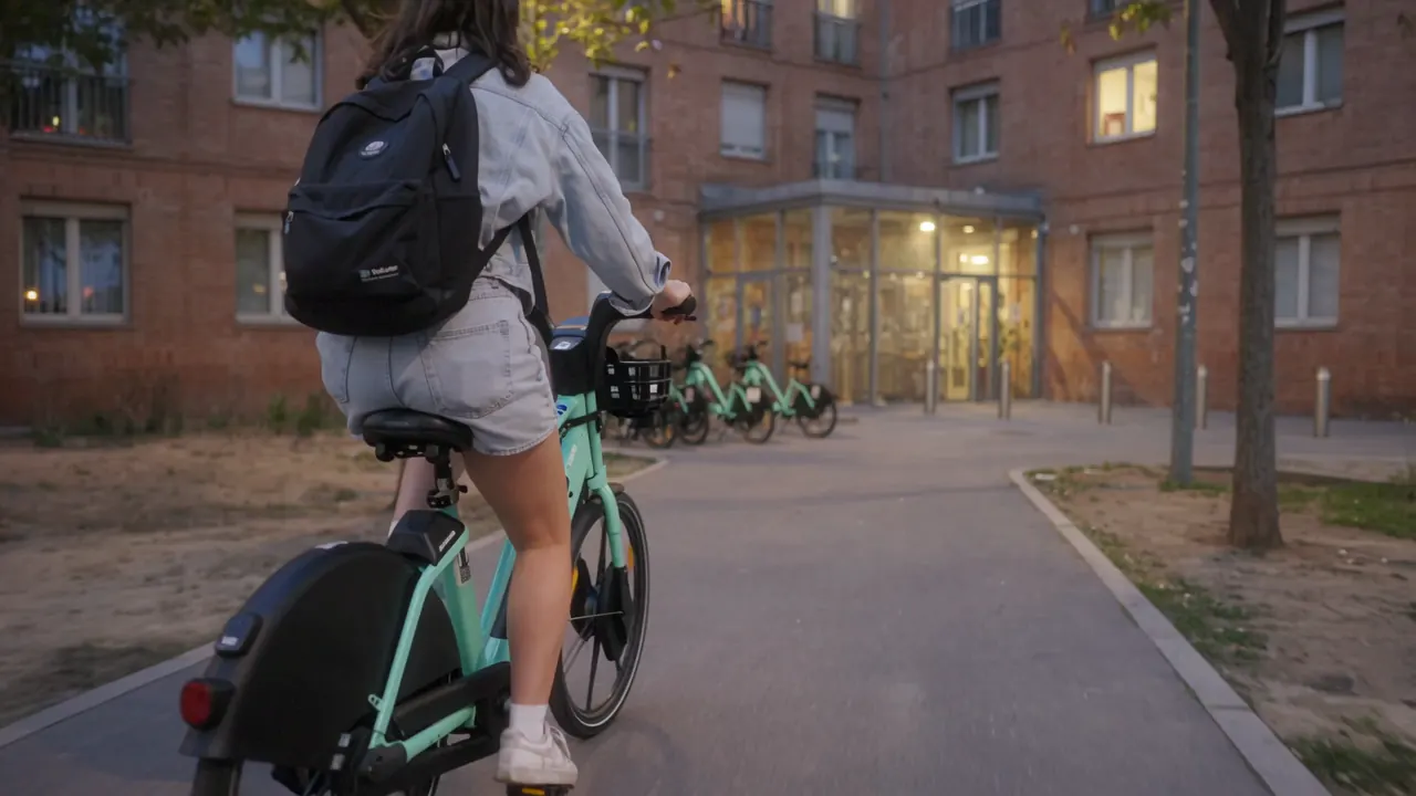 Al anochecer, una estudiante vuelve en bici eléctrica Cityflow y la deja en la fila de la residencia