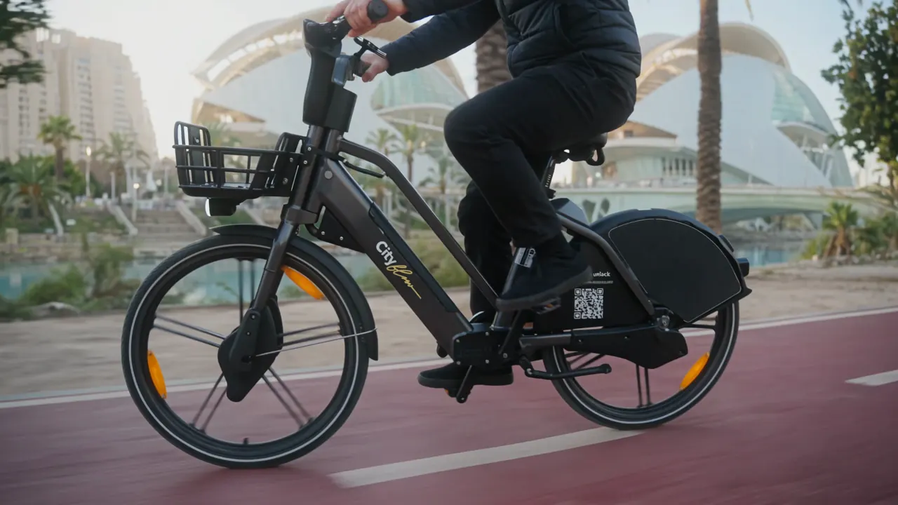 Un ciclista en bici eléctrica Cityflow negra por el carril bici junto a la Ciudad de las Artes y las Ciencias de Valencia